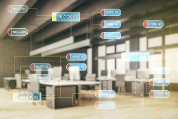 Aufkleber - Multi exposure of abstract programming language hologram on a modern furnished office interior background, artificial intelligence and machine learning concept