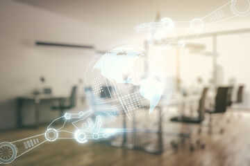 Aufkleber - Double exposure of abstract virtual robotics technology with world map hologram on modern corporate office background. Research and development software concept