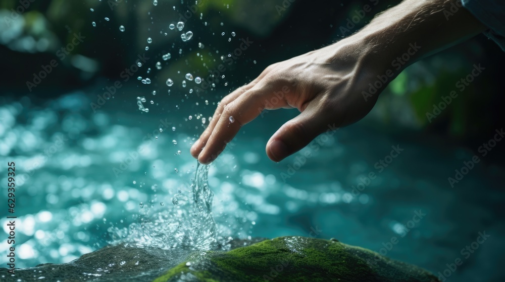 Hand Projecting Water person's hand touching the water at the base of a waterfall generative ...