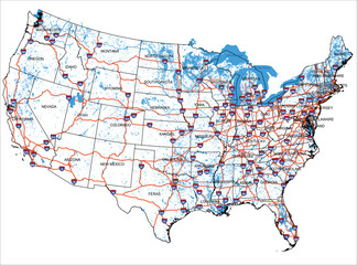 United States of America USA roads water and highway map as vector illustration