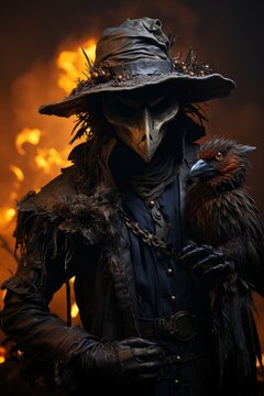 a creepy costume of a raven scarecrow witch. generative ai.