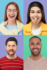 Poster - Collage with photos of people showing their tongues on different color backgrounds