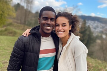 Wall Mural - Smiling mixed race young couple posing outside looking at the camera