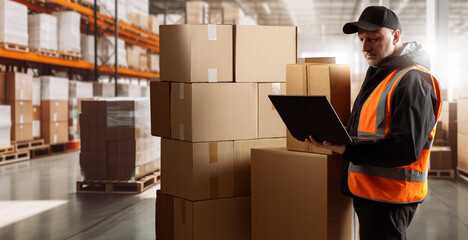 Poster - Businessman in warehouse. Distribution center supervisor. Businessman near cardboard boxes. Fulfillment manager with laptop. Businessman warehouse owner. Man in orange vest. Guy in warehouse building