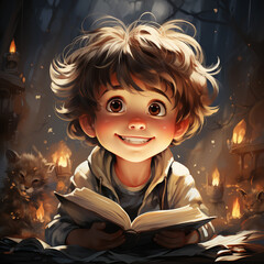 little child reading a magic book