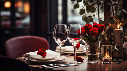 Wall Mural - Romantic dinner table setting awaits guests in the restaurant