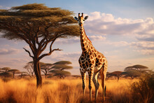 Giraffe Grazing On Acacia Trees In The Savannah