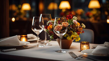 Romantic Dinner Table Setting Awaits Guests In The Restaurant
