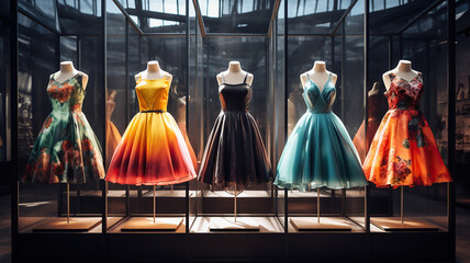 Wall Mural - Colorful Dresses on Display, Showcased in Glass Cases at the Store