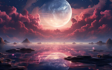 Wall Mural - moon over the sea and mountains.