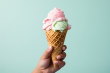 Photo Of A Hand Holding A Delicious Ice Cream Cone Created With Generative AI Technology