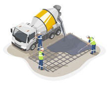 Concrete Truck Isometric Yellow White Cement Delivery Worker Working On Floor Construction Worksite Isolated Cartoon Illustration Vector