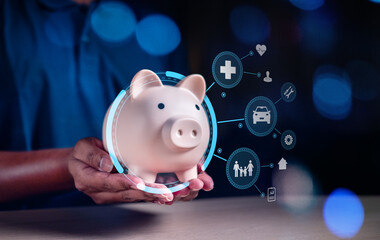 financial, banking, finance, investment, currency, profit, money, wealth, invest, investing. hold a piggy banking around that's has investment icon and insurance asset icon show. invest and finance.