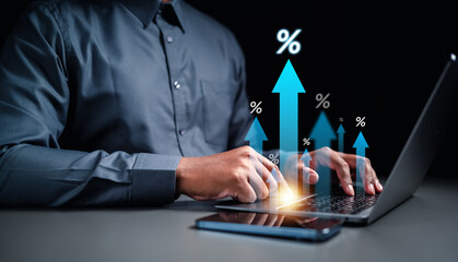 investor, interest, finance, financial, investment, stock, graph, growth, banking, invest. touching on keyboard to check interest of investment growth line of percent symbolizes success embracing.