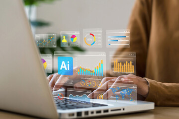 Fototapete - Analyst works on laptop Showing business analytics dashboard with charts, metrics, and KPI to analyze performance and create insight reports for operations management. AI technology analyzes big data