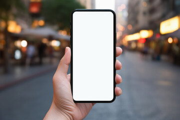 Wall Mural - Hand holding the black smartphone with blank screen.