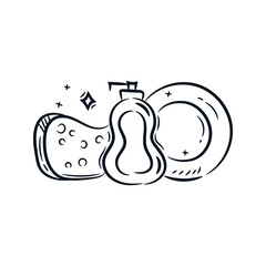 Sponge and dish soap cleaning tool hand drawn line clip art. kitchen outline cartoon doodle vector icon logo illustration