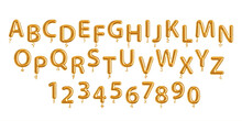 Vector Realistic Isolated Golden Balloon Font Alphabet And Numbers On White Background.