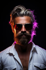 Wall Mural - Neon light studio close-up portrait of serious man model with mustaches and beard in sunglasses and white t-shirt on dark studio background.