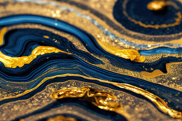 Wall Mural - Blue and golden acrylic liquid ink swirl abstract background with ravishing turbulence wavy pattern and detailed texture. Luxury fluid liquid art by Generative AI.