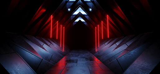 Wall Mural - Neon Tubes Laser Sci Fi Futuristic Cyber Concrete Hallway Tunnel Corridor Red White Blue Beams Glowing Showroom Showcase Product Empty Space 3D Rendering