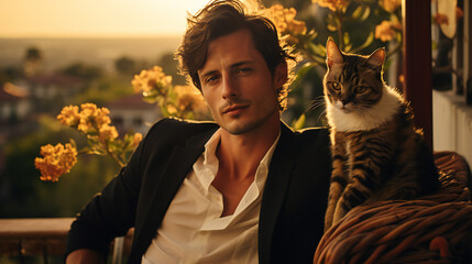 elegant man wearing a white shirt and a jacket posing with a cat on a patio