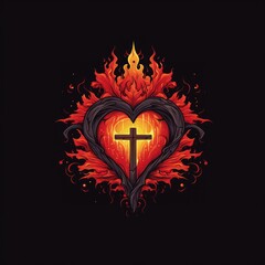 Wall Mural - The Sacred Heart, a cross in the shape of a heart with fire flames. Vector illustration.