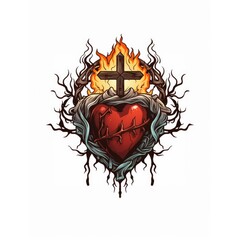 Poster - The Sacred Heart, a cross with heart in the crown of thorns. Vector illustration.