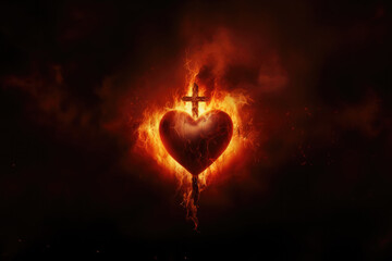 Poster - The Sacred Heart, a burning heart on a dark background with a cross in the center