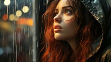 A Beautiful Pensive Woman Looks Out The Window At Night During The Rain And Drops Flow Down The Glass. Face Of A Sad Girl Close-up. AI Generated