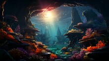Underwater World With Fish And Corals. Underwater View Of Mari Fishes And Plants. AI Generated