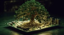 Green Natural Eco-friendly Tree And Computer Technology On An Abstract High-tech Futuristic Background Of Microchips And Computer Circuit Boards With Transistors. AI Generated