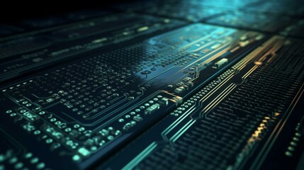 Poster - Computer futuristic boards with microchips energy chips and transistors on high tech computer abstract background. Data center, big data. AI generated