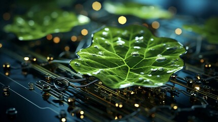 Poster - Green plants and grass on a computer board with microchips and microchips transistors and resistors. Computer electronics and technology and the harmony of modern technology and nature. AI generated