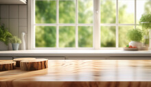 Selective Focus.Wood Desk Counter Bar In Cozy Kitchen And Chopping Board With Window Green Garden View.food And Drink Background.ai Generated Images