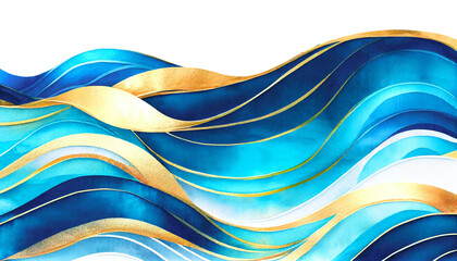 Sticker - Transparent water wave blue gold copy space for text. Isolated teal, turquoise, aqua, blue, gold happy cartoon wave for pool party or ocean beach travel. Web banner, backdrop, background png graphic.
