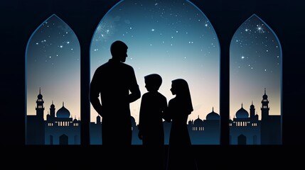 photograph of Ramadan Kareem greeting. Family at window looking at Islamic city with mosque skyline, crescent moon and stars. Muslim parents and children pray.generative ai