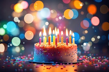 close up homemade birthday cake with candles and bokeh lights, Generative Ai