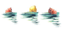  Yellow And Red Buoys At The Sea Watercolor Kit Illustration. Hand Painted Isolated White Background. Maritime Stickers