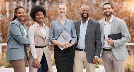 Portrait, diversity and leadership with a business team standing outdoor for corporate development. Management, collaboration and smile with a happy group of professional colleagues outside in autumn