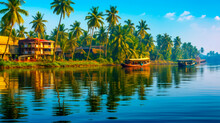 Green And Blue BEAUTIFUL SEA A Beautiful River Landscape With Boats And Trees In Kerala India AI Generated