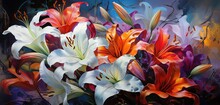 Painting Style Illustration,  Close Up Lillies Flower In Garden, Generative Ai