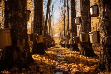 maple syrup farm with tapped trees, generative ai