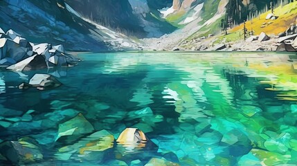 Wall Mural - Crystal-clear alpine lakes . Fantasy concept , Illustration painting.
