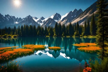 A serene lake nestled between snow-capped mountains creates a breathtaking landscape generative ai technology
