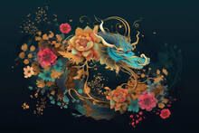 Happy Chinese New Year 2024 , The Dragon Zodiac And Flower With Gold Style On Color Background, Generative AI	
