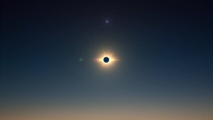 super wide angle view of total solar eclipse moment and star beam flare of light on moon