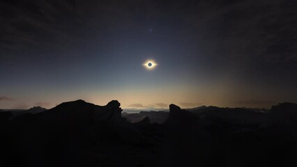 Wall Mural - timelapse movement of clouds above solar eclipse on rocky landscape at dusk