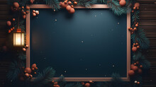 Christmas Tree Branches With Fir Cones, Gold Stars And Beads On Dark Wooden Background. Frame, Berries, And Lanterns. Christmas And New Year's Atmosphere. Generative AI