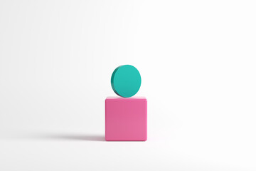 Aufkleber - Green cylinder on top of a pink cube on white background.